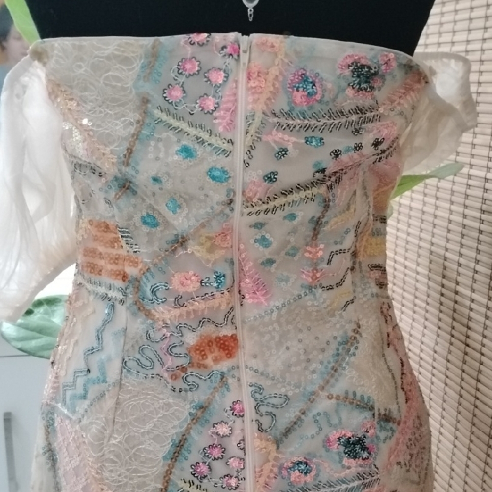 Colorful Patchwork Beaded Embroidery Off-Shoulder Dress Ruffle Small Dress - Picture 13 of 14